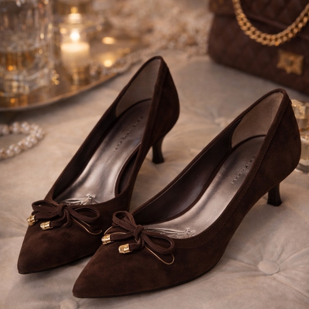 Elie Tahari Chic Brown Suede Heels with Bow Accent Size 10